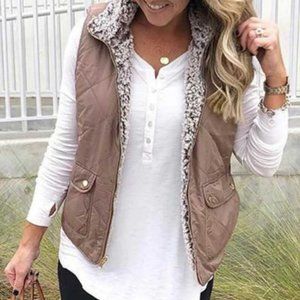 Reversible Cotton Faux Fur Lined Sherpa Shearling Vest With Pockets